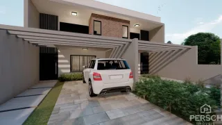 Fachada moderna de uma residência em Lajeado, Brasil, com revestimento de tijolos e paisagismo.