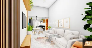 Sala de estar moderna com paredes brancas e piso claro.