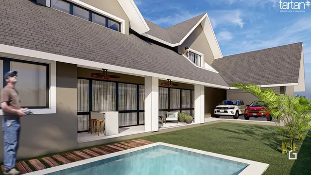 Fachada de uma casa moderna com piscina e jardim.