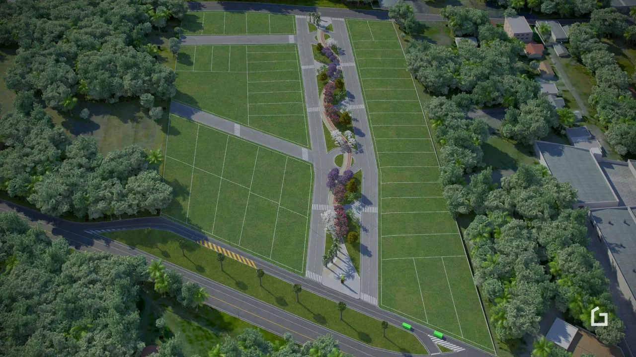 Vista aérea de um terreno com gramados e ruas.