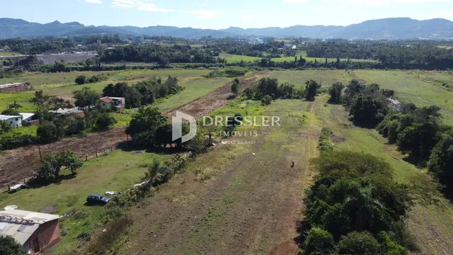 Vista aérea de uma área rural com vegetação e campos.