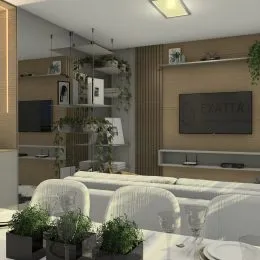 Foto de uma sala de estar moderna com assentos e decoração clara.