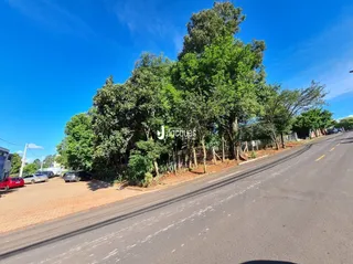 Vista da fachada de uma propriedade com árvores ao longo da rua.