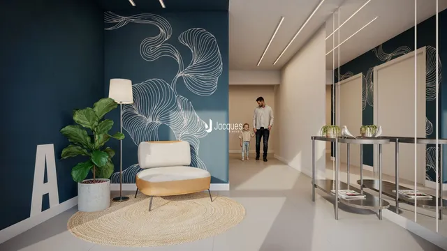 Sala de estar com parede decorativa azul e detalhes em branco.