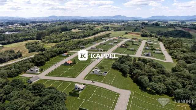 Vista aérea de um loteamento com diversas propriedades e áreas verdes.