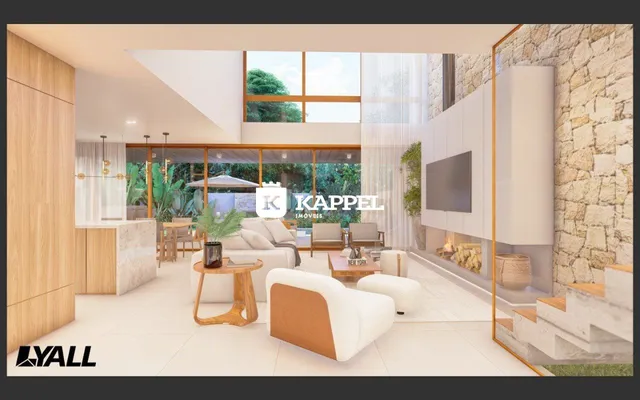 Sala de estar moderna com grandes janelas e área externa em um imóvel em Lajeado.