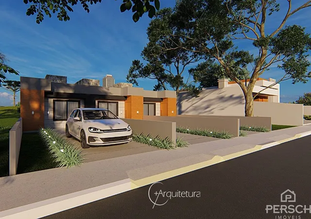 Fachada de uma residência moderna com paisagismo em Lajeado, Brasil.