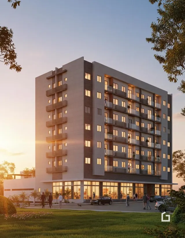Fachada de um prédio residencial em Lajeado, Brasil, ao pôr do sol.
