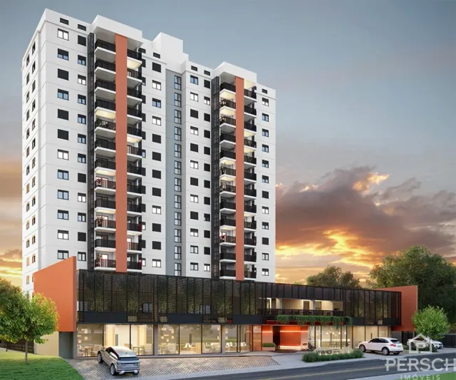 Fachada de um prédio residencial moderno em Lajeado, Brasil, capturada ao pôr do sol.
