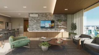 Sala de estar moderna com decoração de madeira e sofá de linho.