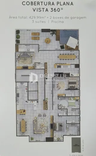 Planta baixa de cobertura com 3 suítes e piscina em Lajeado, Brasil.
