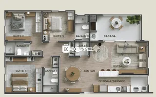 Planta baixa de um apartamento mostrando as suítes e áreas sociais.