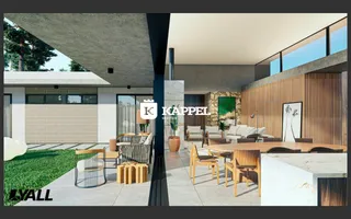 Área externa com mobiliário de madeira e gramado em uma residência moderna.
