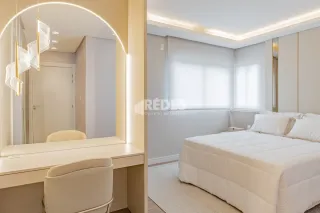 Quarto claro com cama de casal e cabeceira.