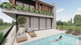 Piscina externa de uma casa moderna em Lajeado, Brasil.