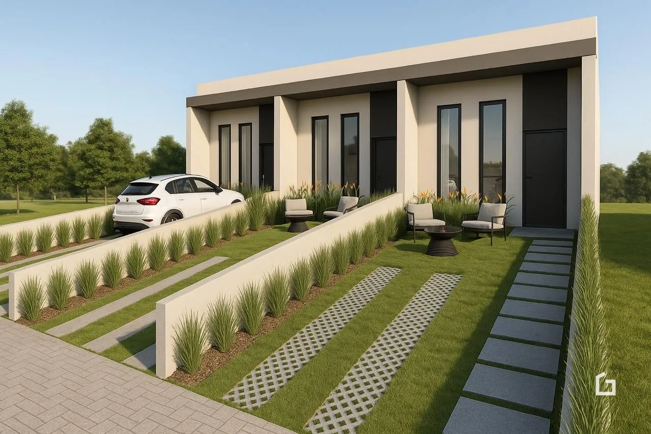Renderização da fachada de uma casa moderna em Lajeado, Brasil.