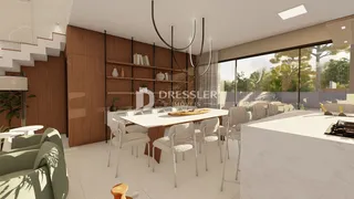 Ambiente de sala de jantar moderno com decoração de madeira e iluminação contemporânea.