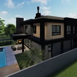 Fachada de uma casa moderna com revestimento de madeira escura em Lajeado, Brasil.