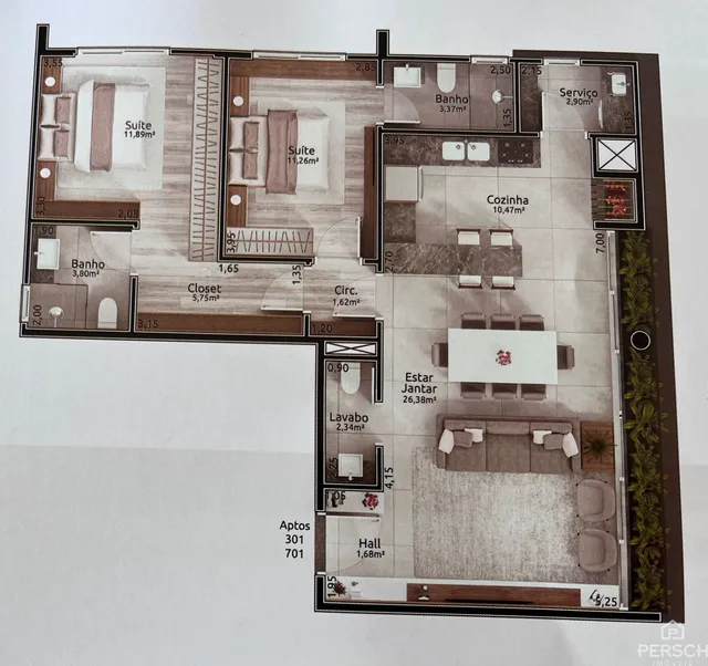 Planta baixa de um apartamento em Lajeado, Brasil, mostrando a distribuição dos cômodos.