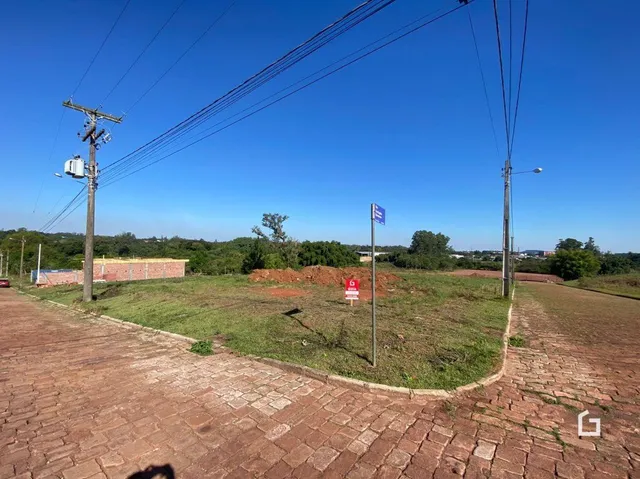 Vista externa de um pátio com piso de tijolos e grama.