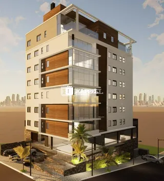 Fachada moderna de um prédio residencial em Lajeado, Brasil, com detalhes em madeira e vidro.