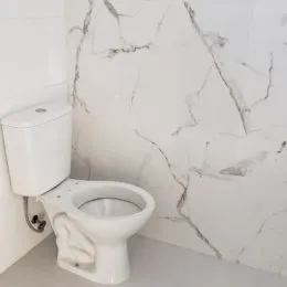 Foto de um vaso sanitário branco em um ambiente de banheiro.