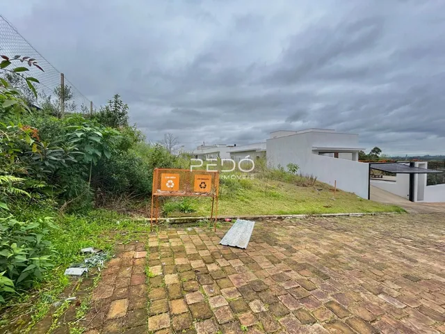 Vista externa de uma propriedade com jardim e área pavimentada.