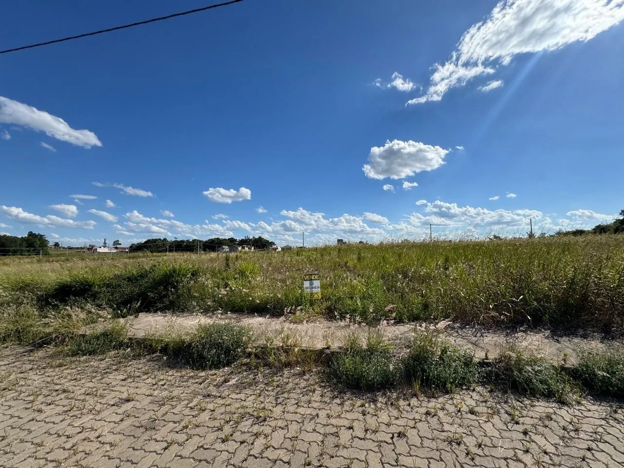 Vista externa de uma área de terreno com vegetação seca sob um céu azul claro.