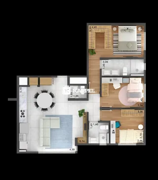 Planta baixa de um apartamento mostrando a disposição dos cômodos.