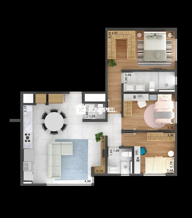 Planta baixa de um apartamento mostrando a disposição dos cômodos.