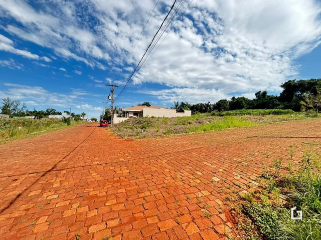 Vista externa da propriedade com pátio de tijolos e vegetação ao fundo.