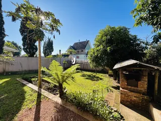 Vista externa de um jardim com vegetação e uma estrutura de tijolos.