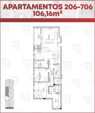 Planta baixa de um apartamento de 106,16m² em Lajeado, Brasil.