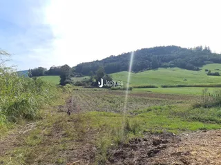 Campo gramado com colinas verdes ao fundo.