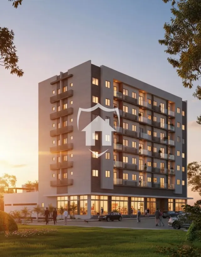 Fachada moderna de um edifício residencial em Lajeado, Brasil, ao pôr do sol.