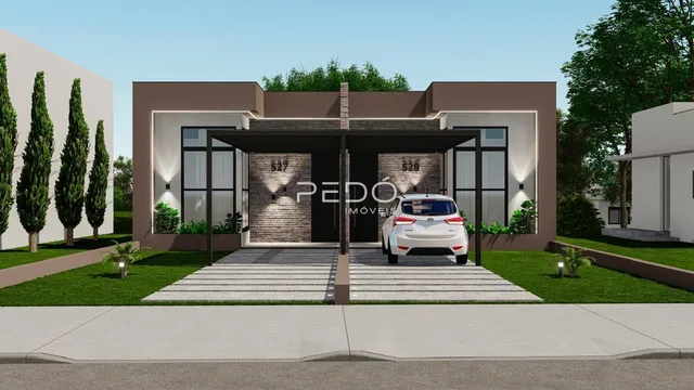 Fachada moderna de uma residência em Lajeado, Brasil com garagem dupla.