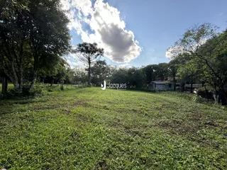 Campo gramado cercado por árvores sob um céu nublado.