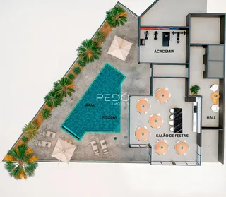 Planta baixa de uma residência com piscina e jardim em Lajeado.
