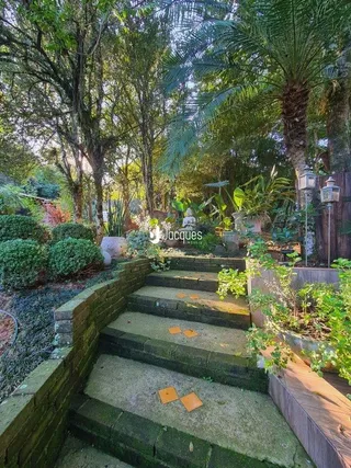 Escadarias de pedra em um jardim verde.
