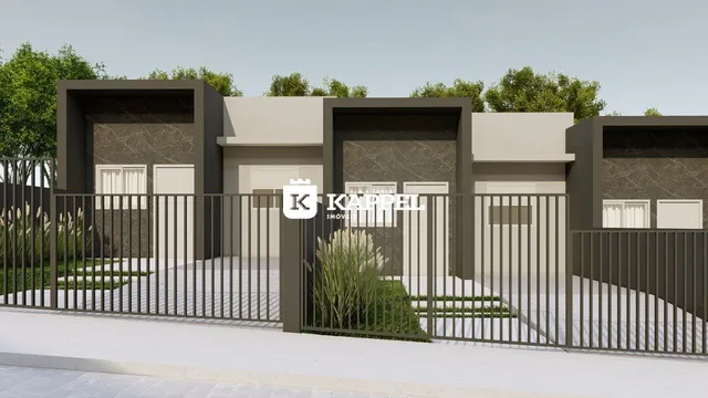 Fachada de uma residência moderna com cerca de metal em Lajeado, Brasil.