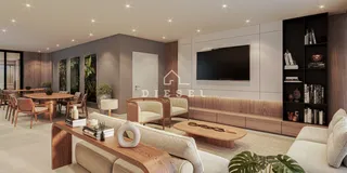 Ambiente moderno de sala de estar e jantar com móveis de madeira.
