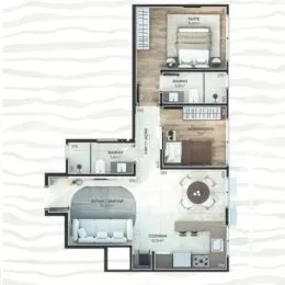 Planta baixa de um apartamento mostrando a disposição dos cômodos.