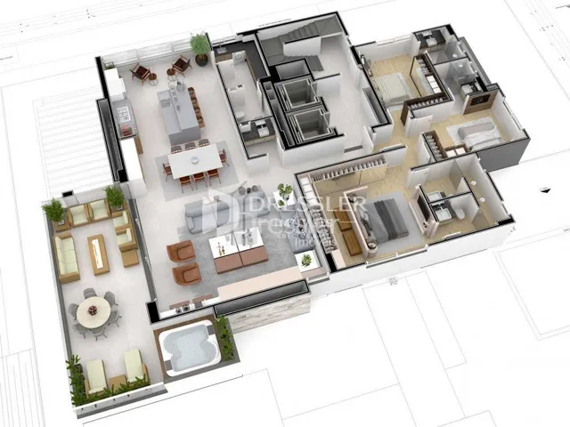 Renderização de um imóvel residencial em Lajeado, Brasil, mostrando a área social e o pátio.