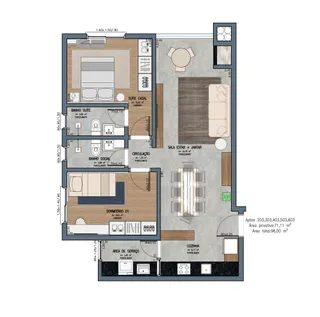 Planta baixa de um apartamento mostrando a disposição dos cômodos e dimensões.