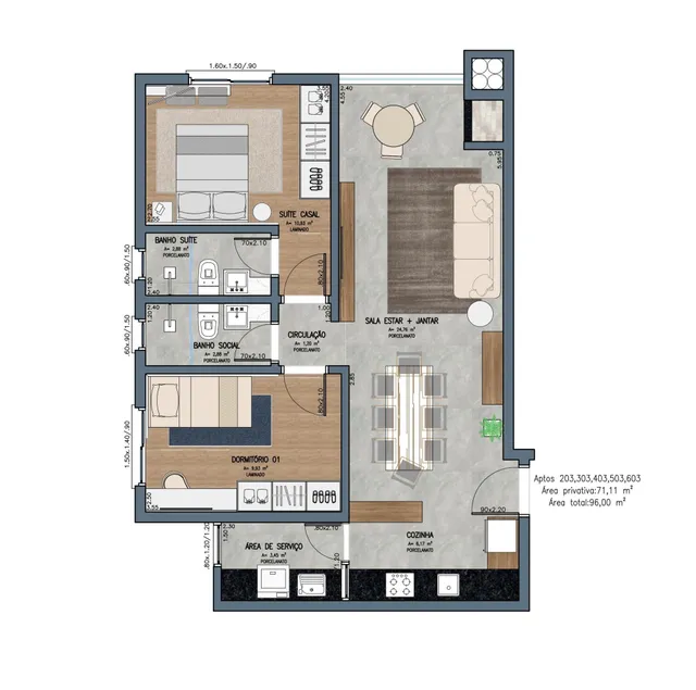 Planta baixa de um apartamento mostrando a disposição dos cômodos e dimensões.