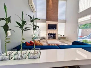 Sala de estar com sofá azul e plantas em um ambiente claro.