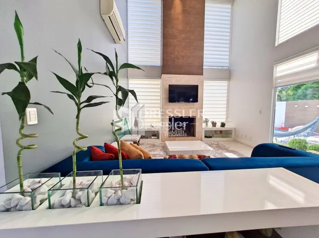 Sala de estar com sofá azul e plantas em um ambiente claro.