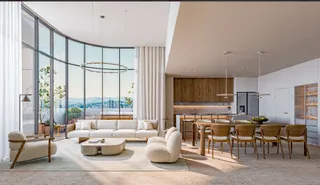 Sala de estar moderna com grandes janelas que oferecem uma vista panorâmica.
