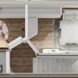 Foto de um quarto com cama e piso de madeira.