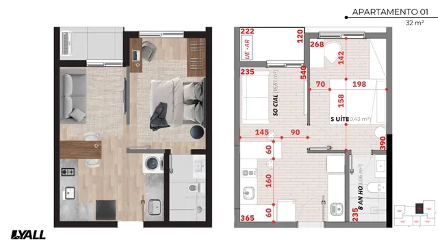 Planta baixa de um apartamento de 32m² mostrando a disposição dos cômodos.